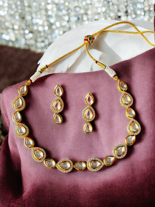Richa Kundan Polki and CZ Teardrop Necklace Set