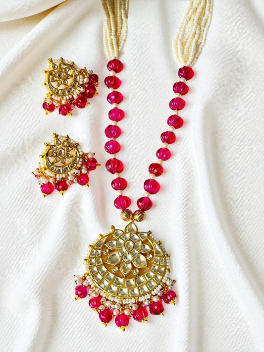 Kalki Ruby Kundan Pearl Beaded Long Necklace Set