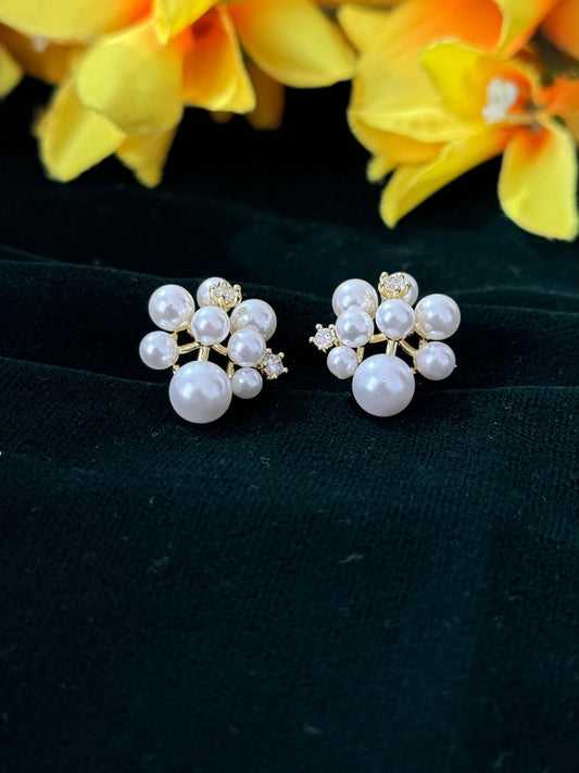 Faux Pearl CZ Cluster Stud Earrings