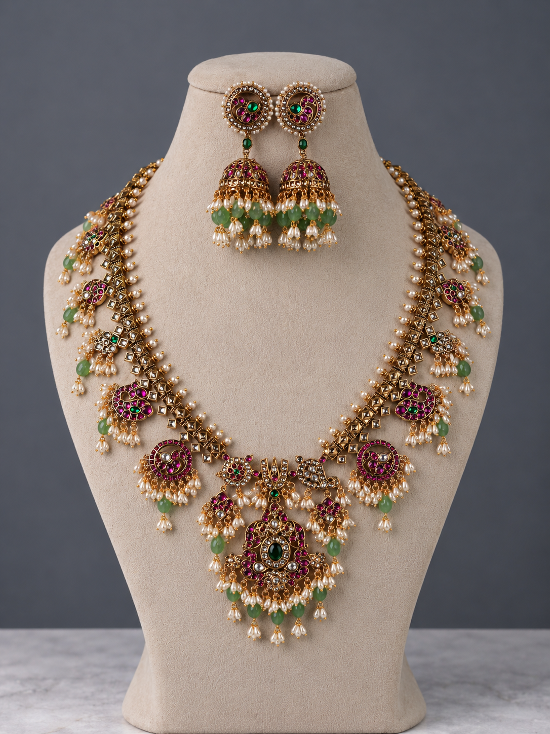 Kavya Emerald Guttapusalu Bridal Long Necklace Set