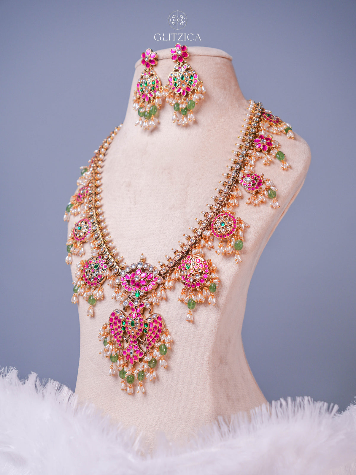 Sneha Peacock Long Jadua Kundan Necklace Set