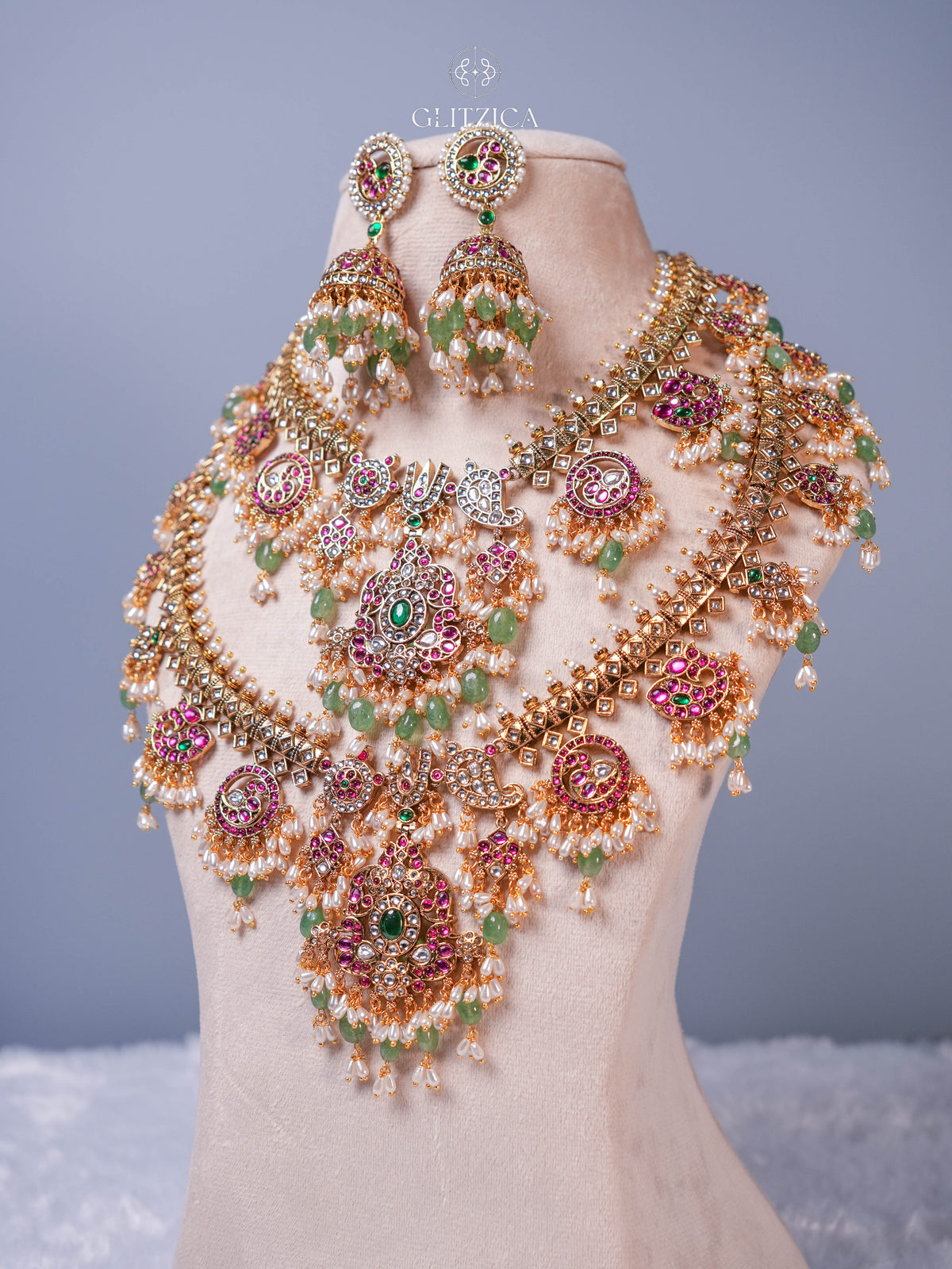 Double Layer Nithya Emerald Guttapusalu Bridal Necklace Set