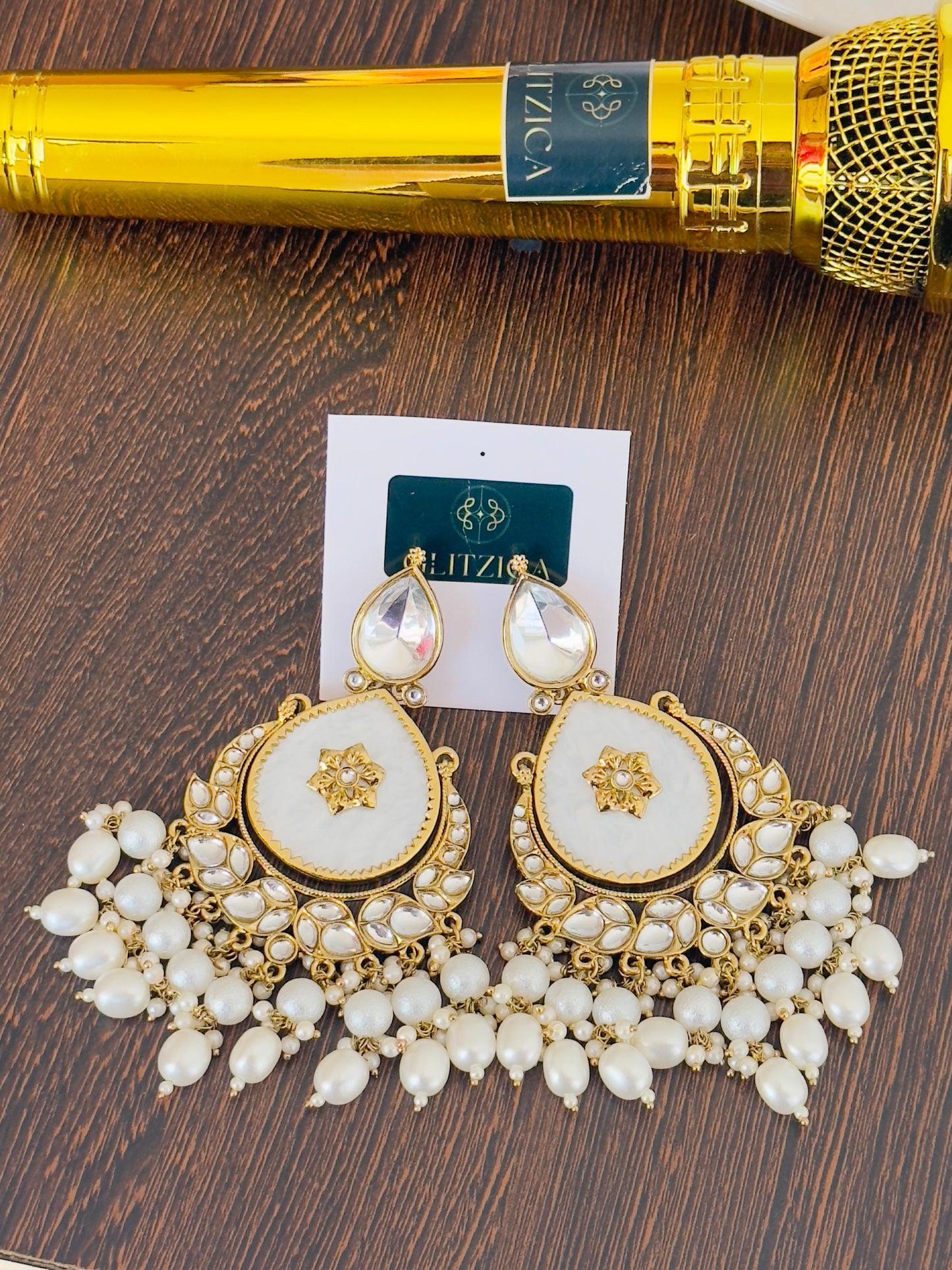 Tanu Long Kundan Pearl White Chandbali