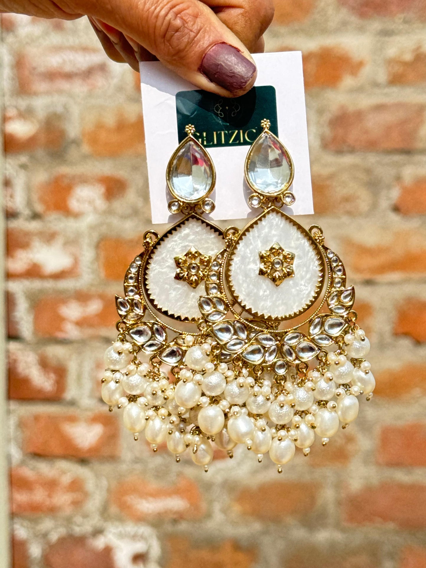 Tanu Long Kundan Pearl White Chandbali