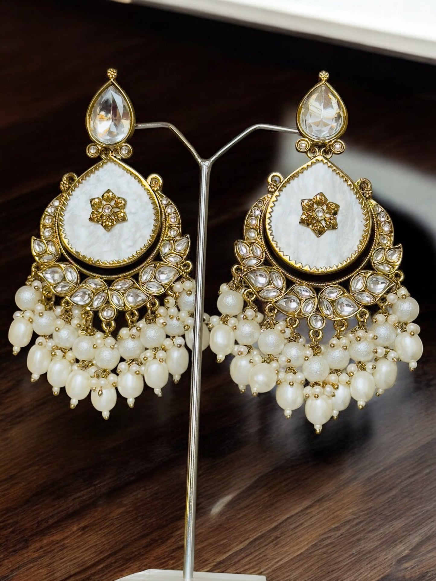 Tanu Long Kundan Pearl White Chandbali
