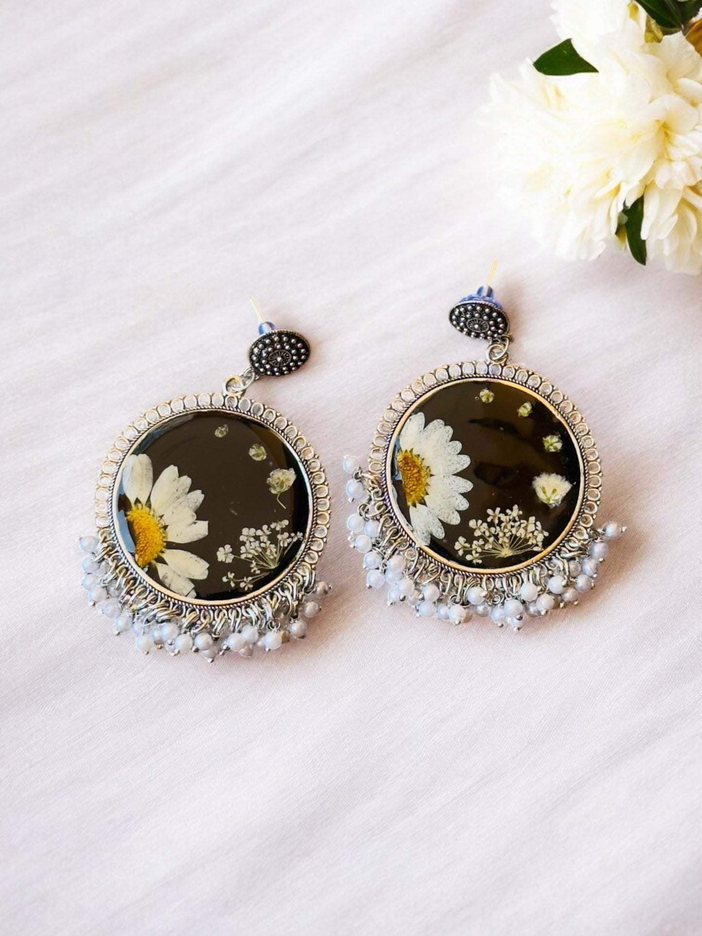Black Floral Resin Jhumkas