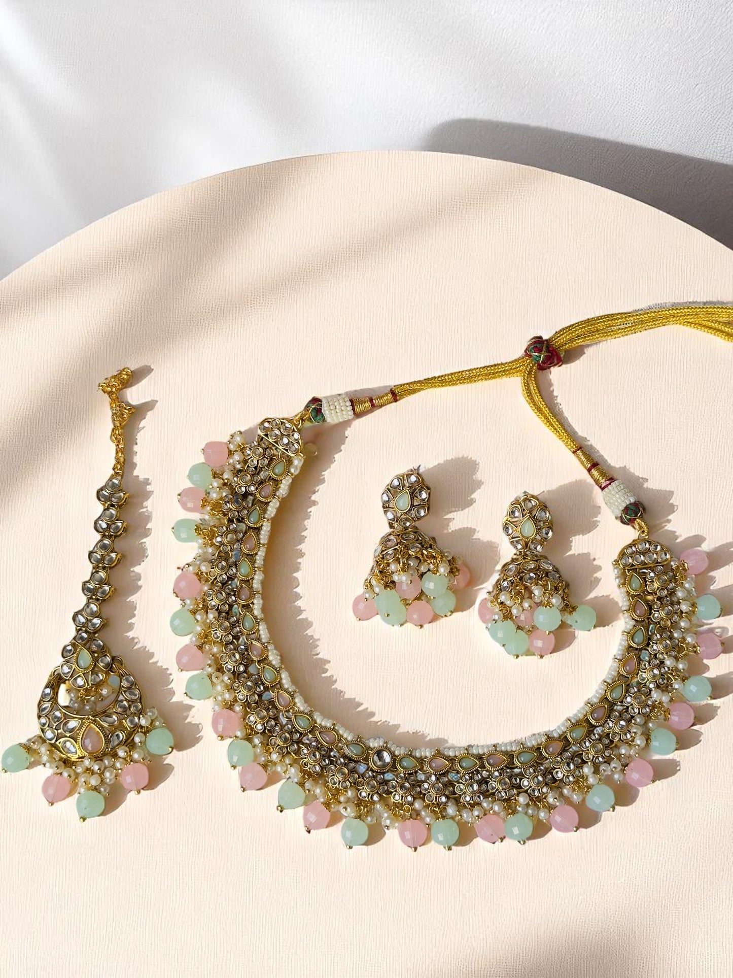 Pastel Kundan Necklace Set with Maangtika