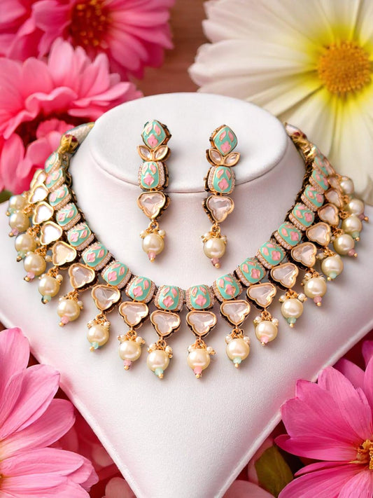 Ravya Pachi Moissanite Meenakari CZ Necklace Set