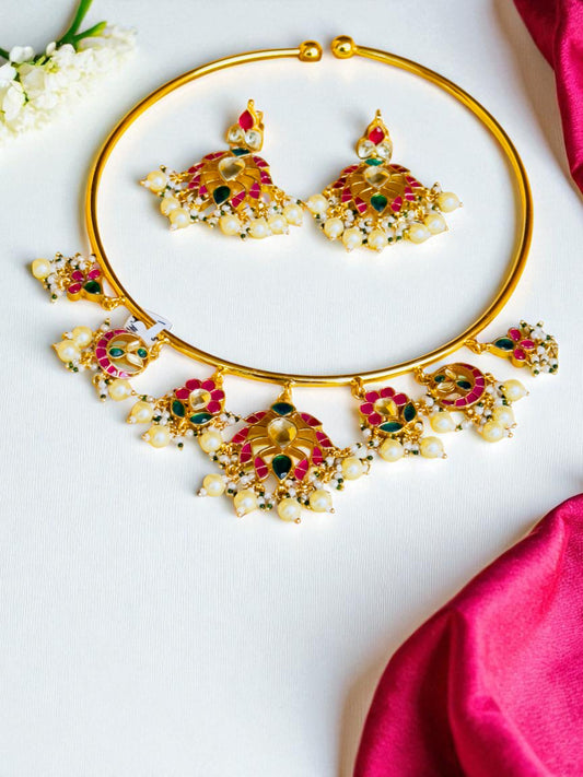 Meena Ruby & Emerald Polki Hasli Necklace Set