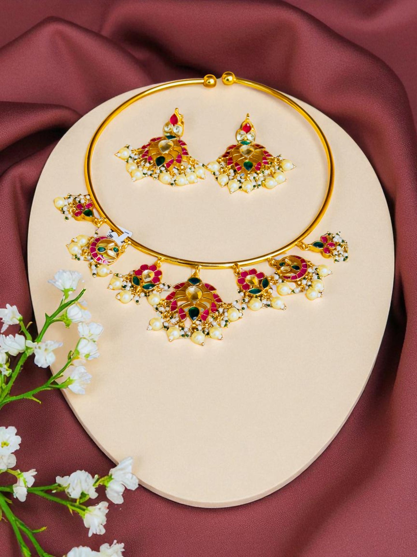 Meena Ruby & Emerald Polki Hasli Necklace Set