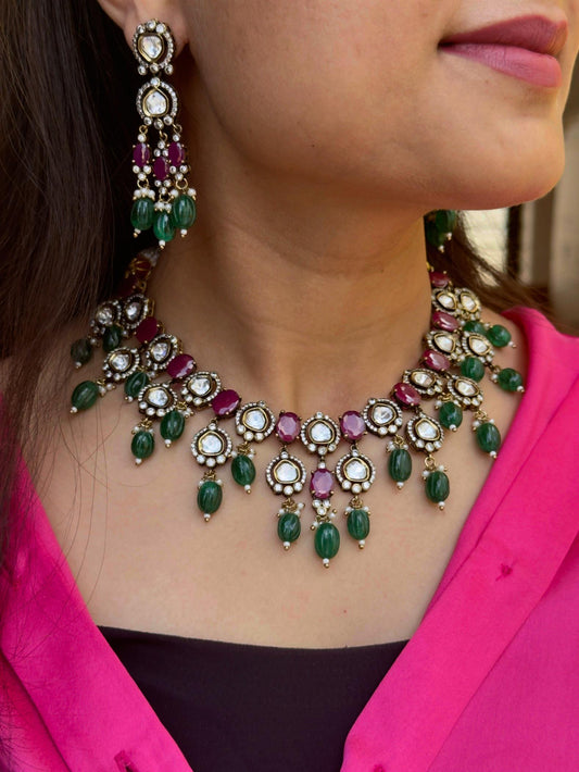 Noorvi Polki Green & Ruby Statement Necklace Set