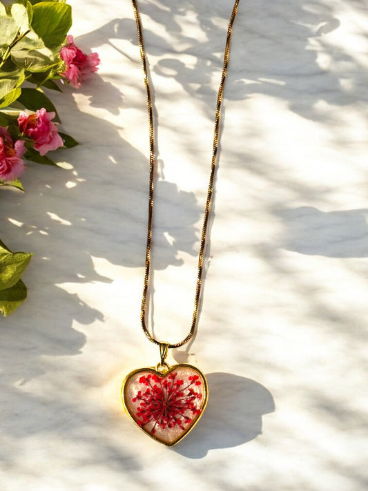 Red Floral Heart Resin Pendant Necklace