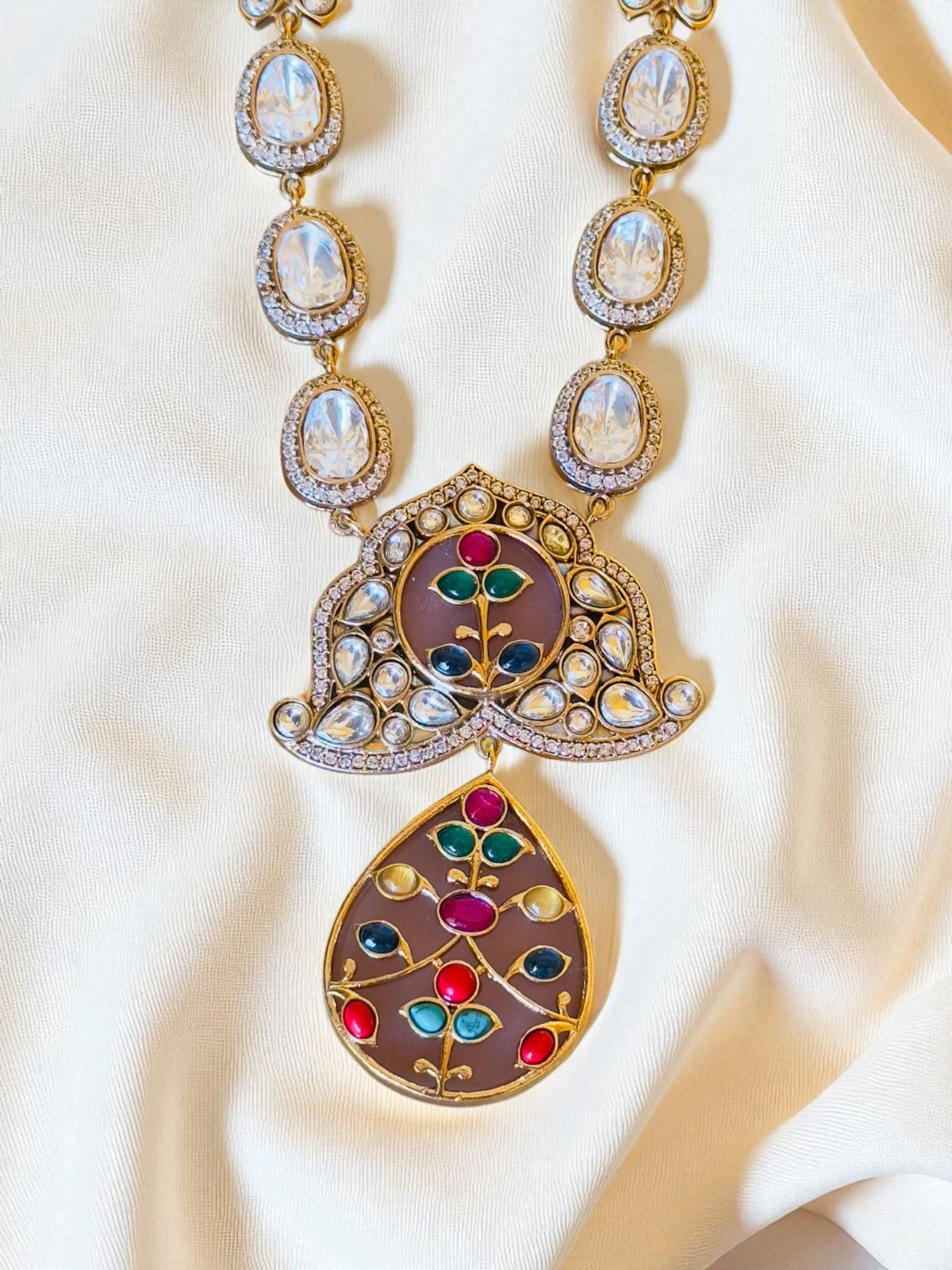 Misha Navratna Fusion Long Necklace Set with Moissanite & CZ