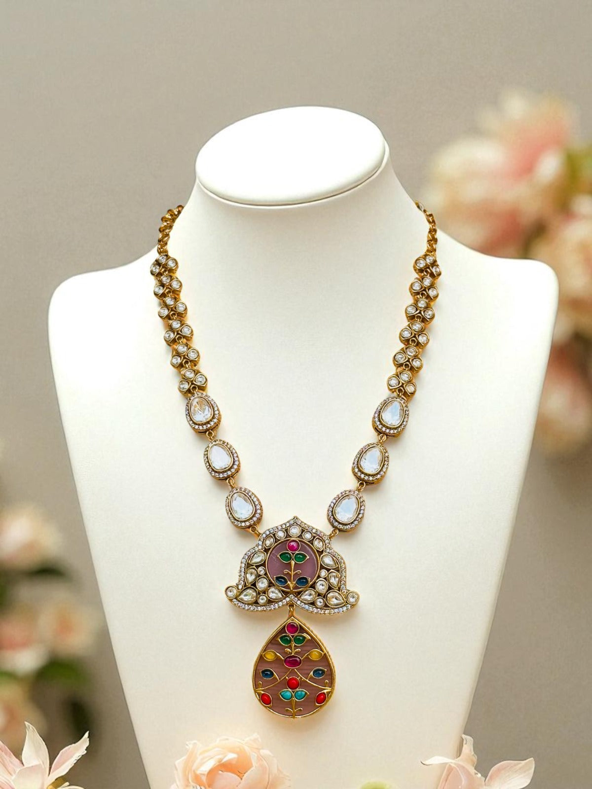 Misha Navratna Fusion Long Necklace Set with Moissanite & CZ