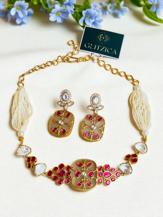 Rihana Ruby & Pearl Fusion Choker Necklace Set