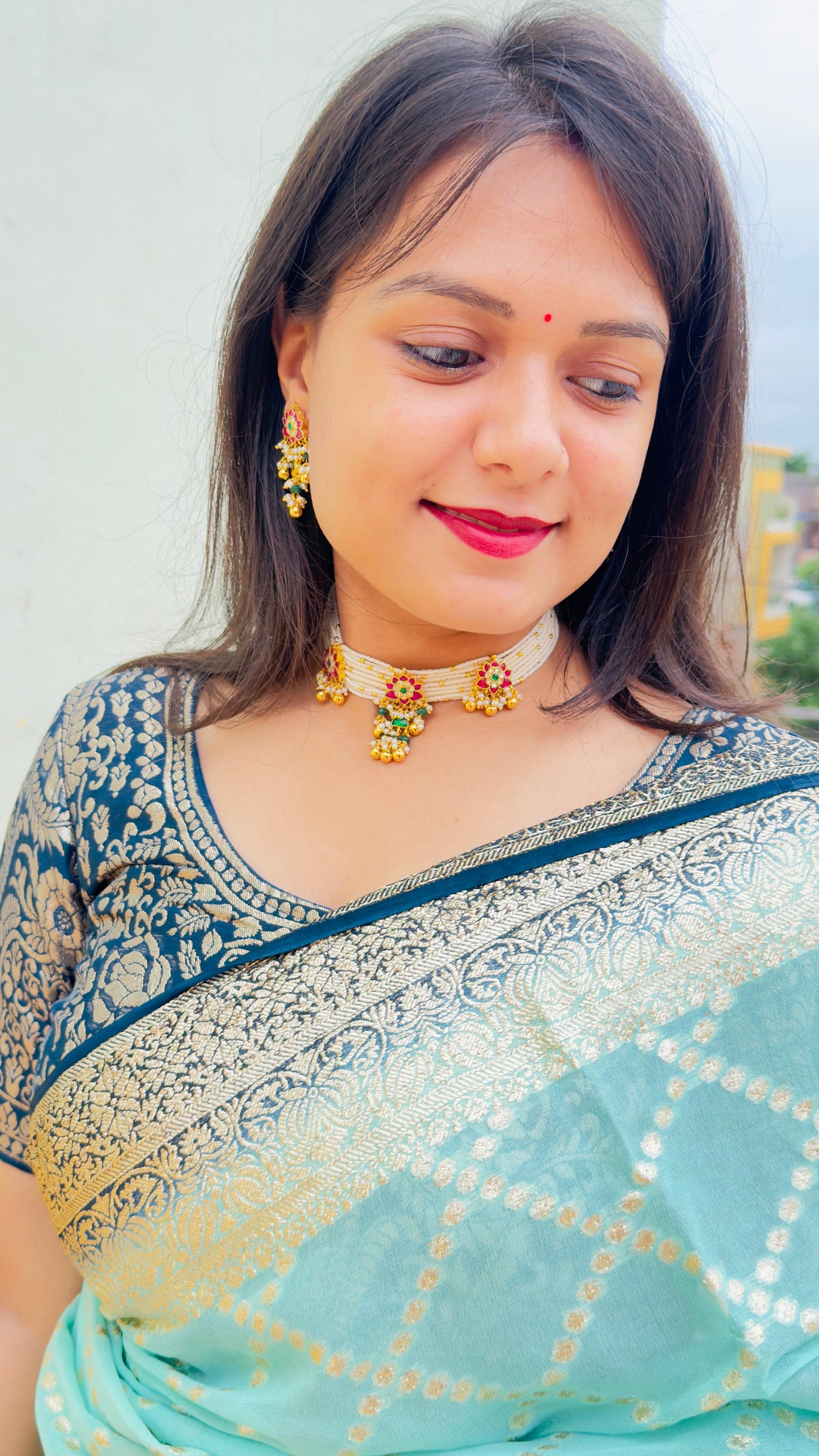 Shahi Floral Kundan Pearl Choker Set