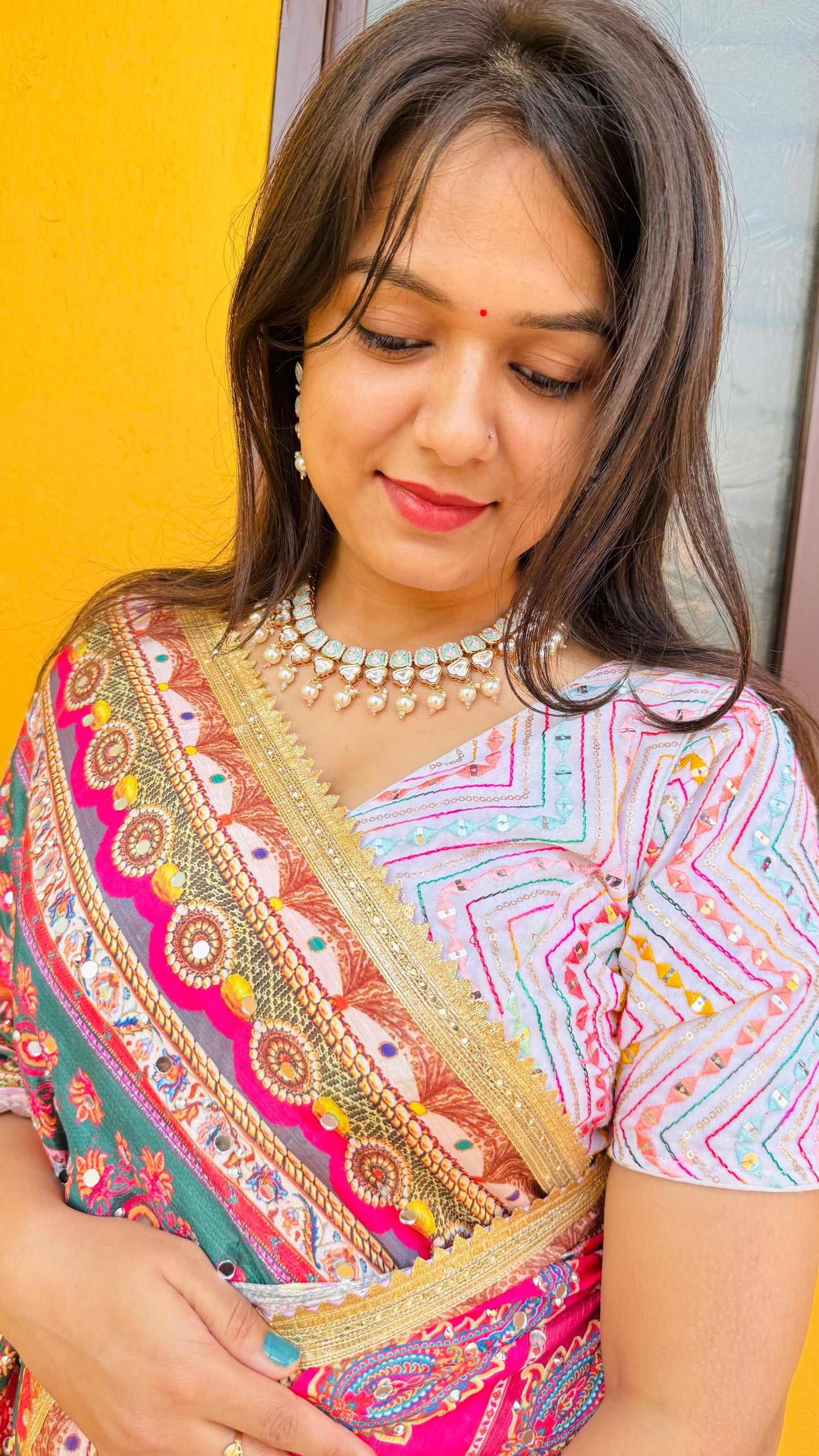 Ravya Pachi Kundan Meenakari CZ Necklace Set