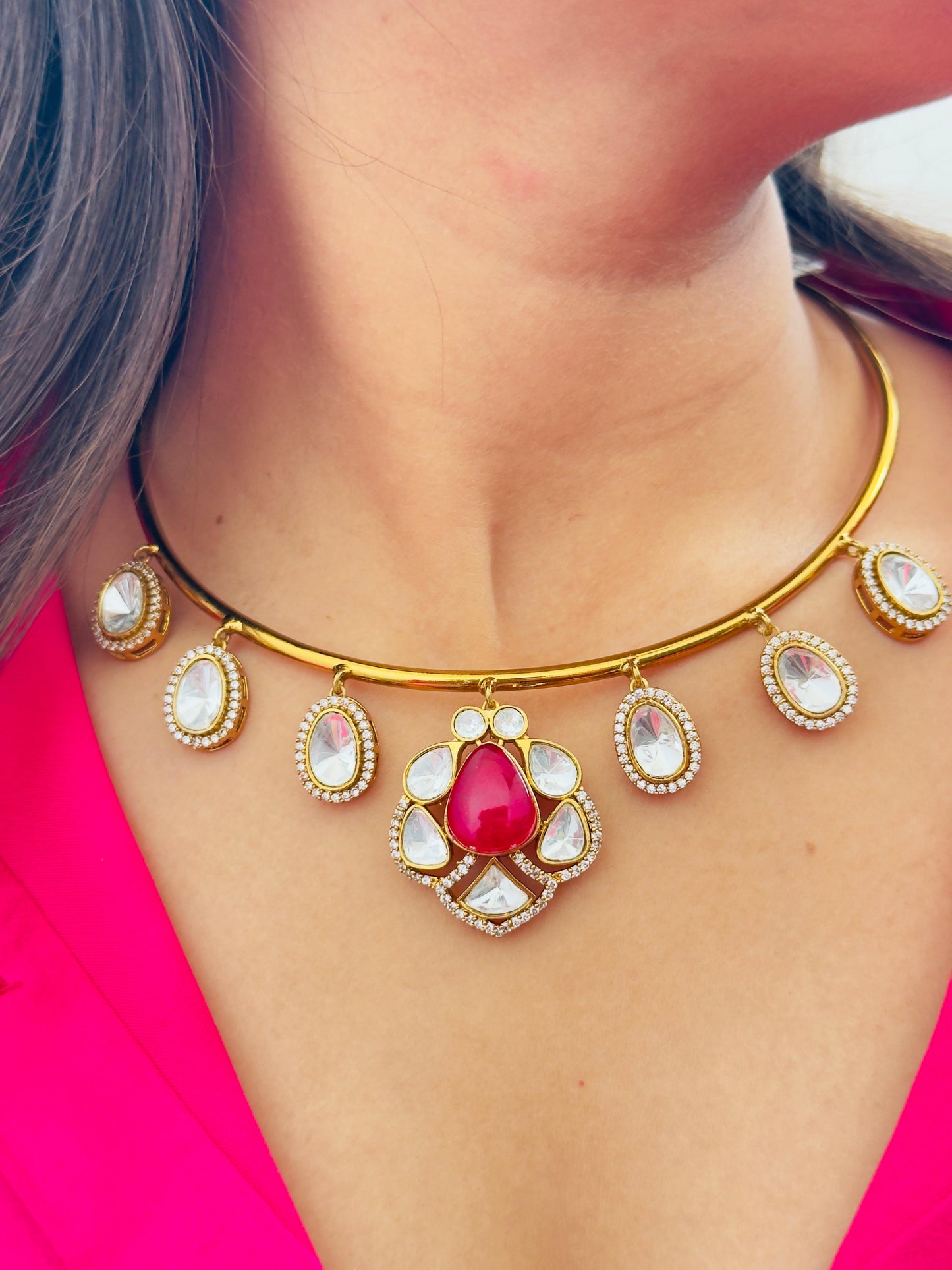 Raveena Ruby Moissanite Hasli Necklace Set