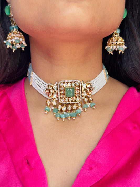 Vidya Pachi Kundan CZ choker set
