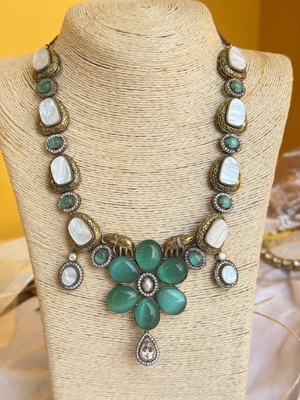 Victorian Mint Green & White Floral Necklace Set