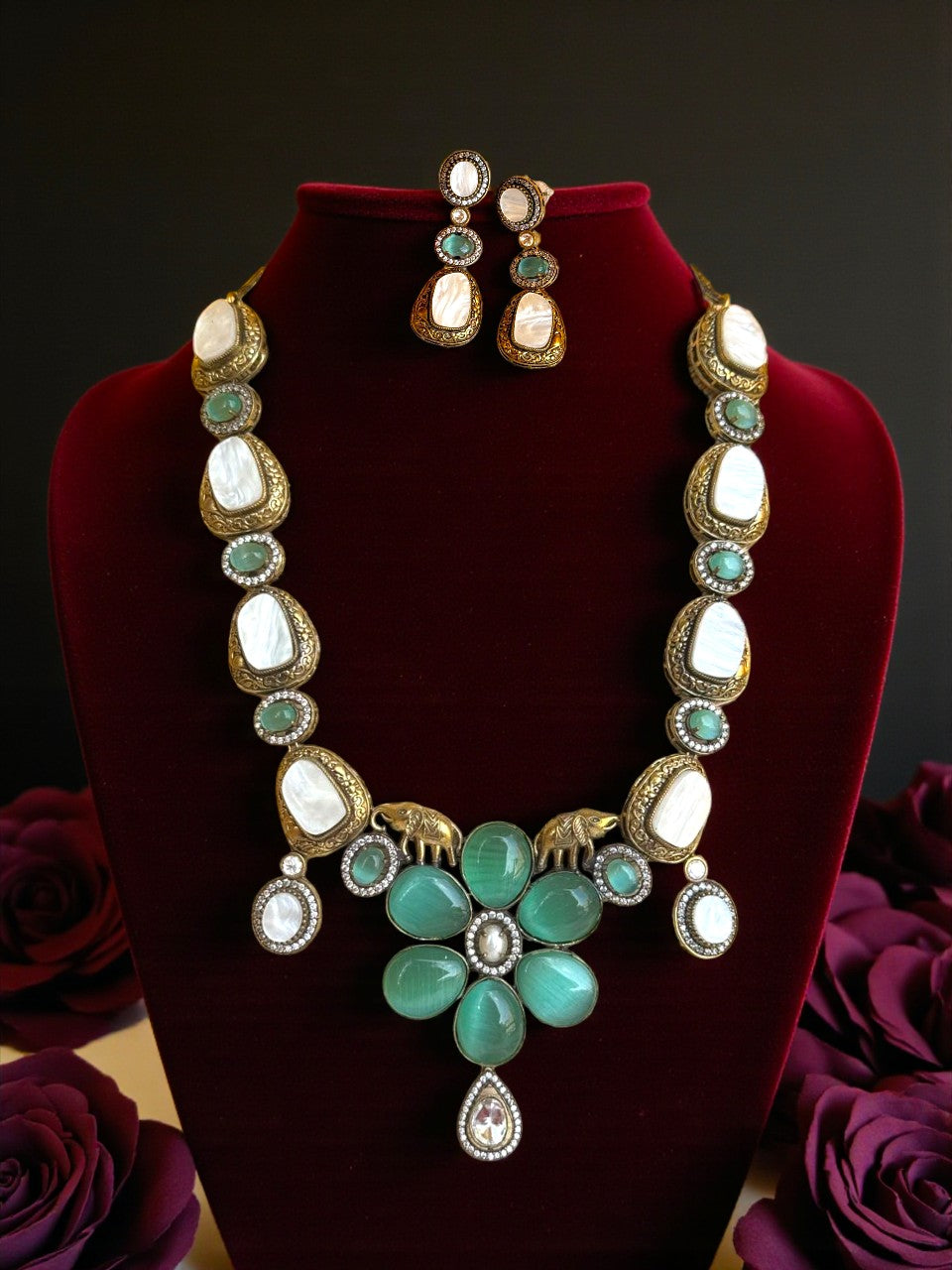 Victorian Mint Green & White Floral Necklace Set