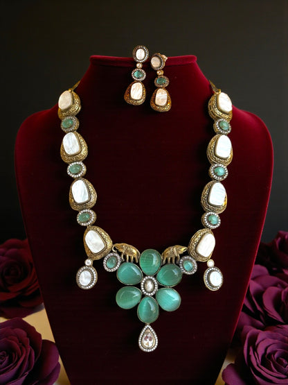 Victorian Mint Green & White Floral Necklace Set