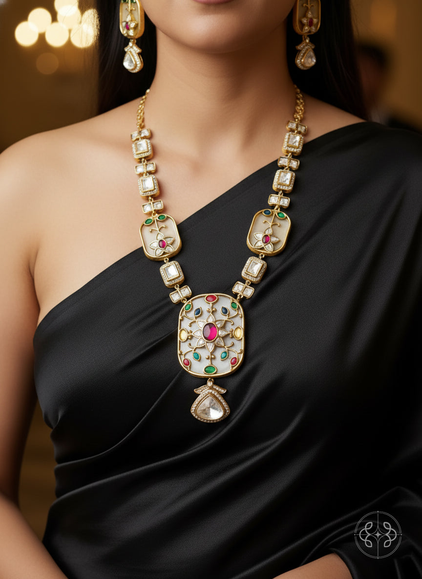 Lishika Navratna Moissanite Fusion Long Necklace Set