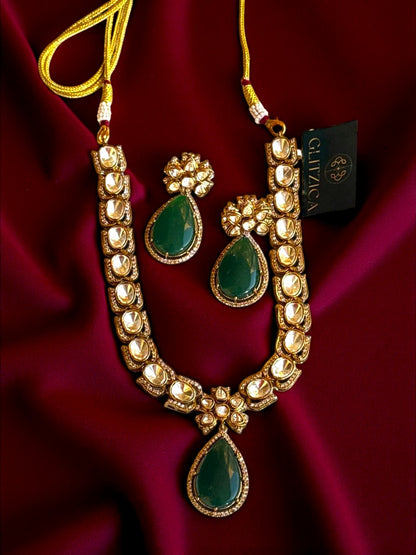 Kashvi Emerald Green Polki Necklace Set