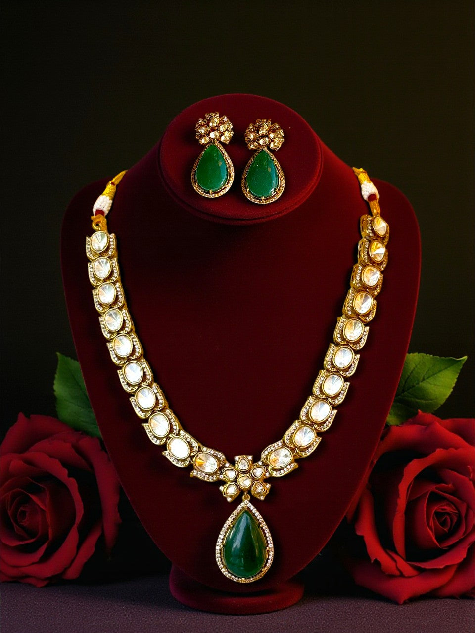 Kashvi Emerald Green Polki Necklace Set