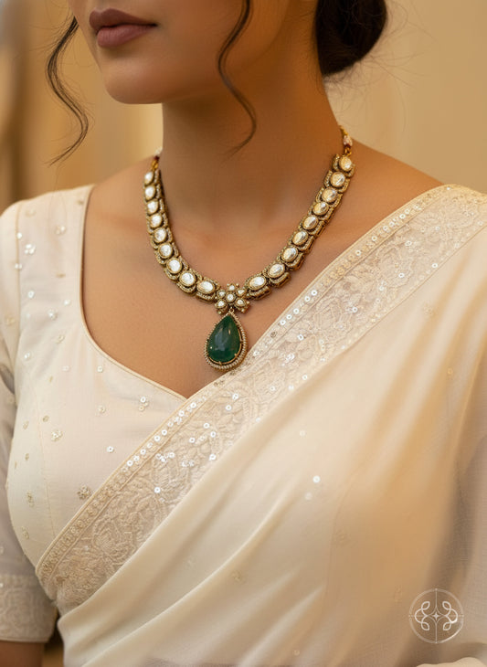 Kashvi Emerald Green Polki Necklace Set