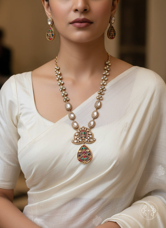 Misha Navratna Fusion Moissanite & CZ Long Necklace Set