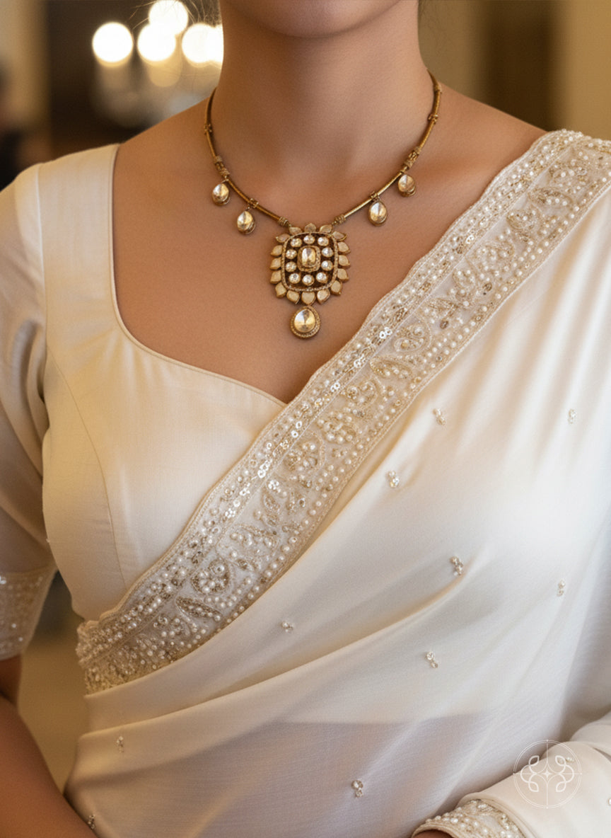 Saaj Polki White & Gold Hasli Necklace Set
