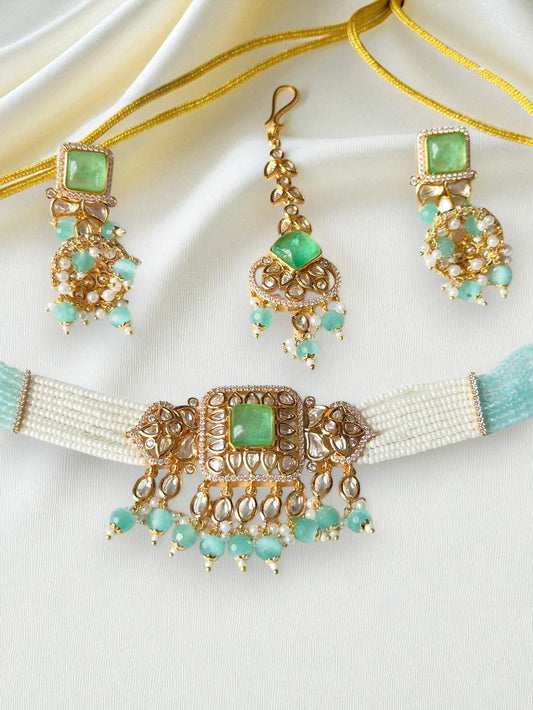 Vidya Pachi Kundan CZ choker set