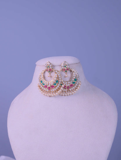 Kundan Meenakari Pearl Chandbali Earrings