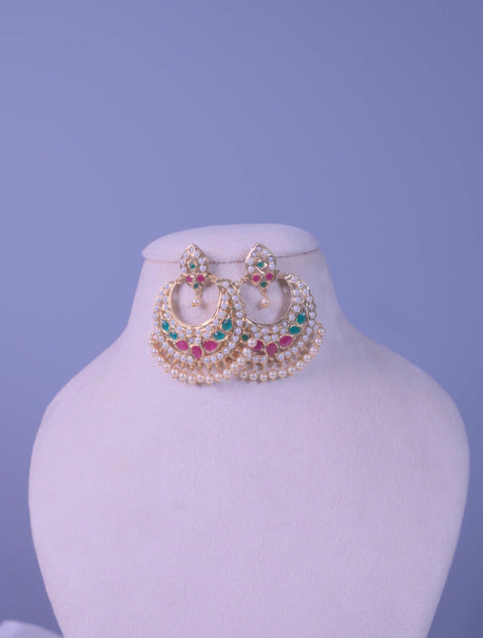 Kundan Meenakari Pearl Chandbali Earrings