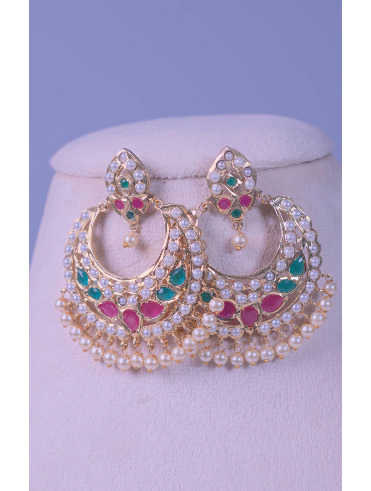 Kundan Meenakari Pearl Chandbali Earrings