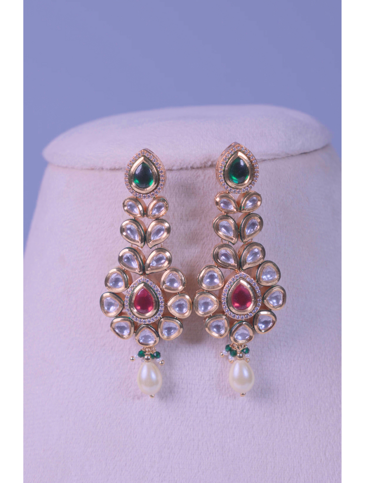 Kundan Ruby Emerald Green Drop Earrings