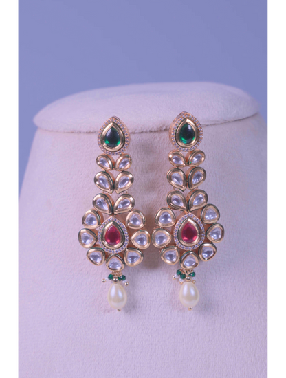 Kundan Ruby Emerald Green Drop Earrings