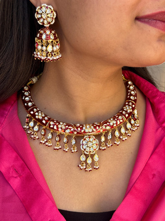 Rajwadi Red Meenakari Polki Hasli