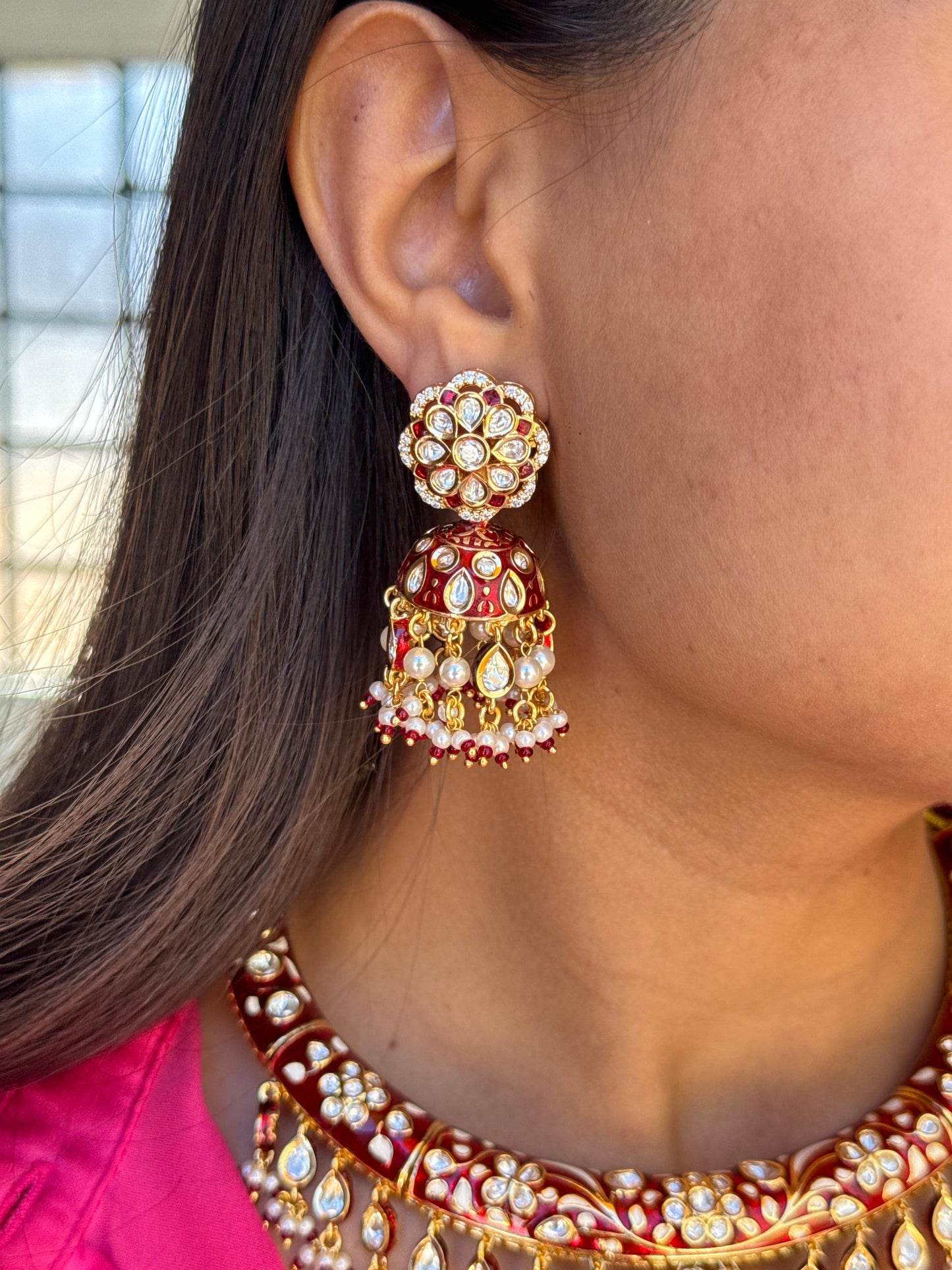 Rajwadi Red Meenakari Polki Hasli