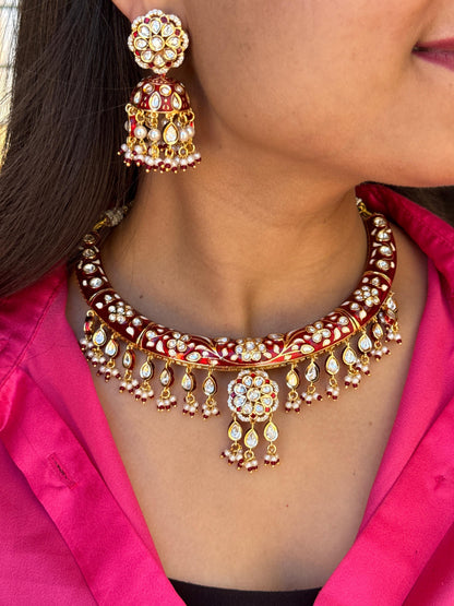 Rajwadi Red Meenakari Polki Hasli