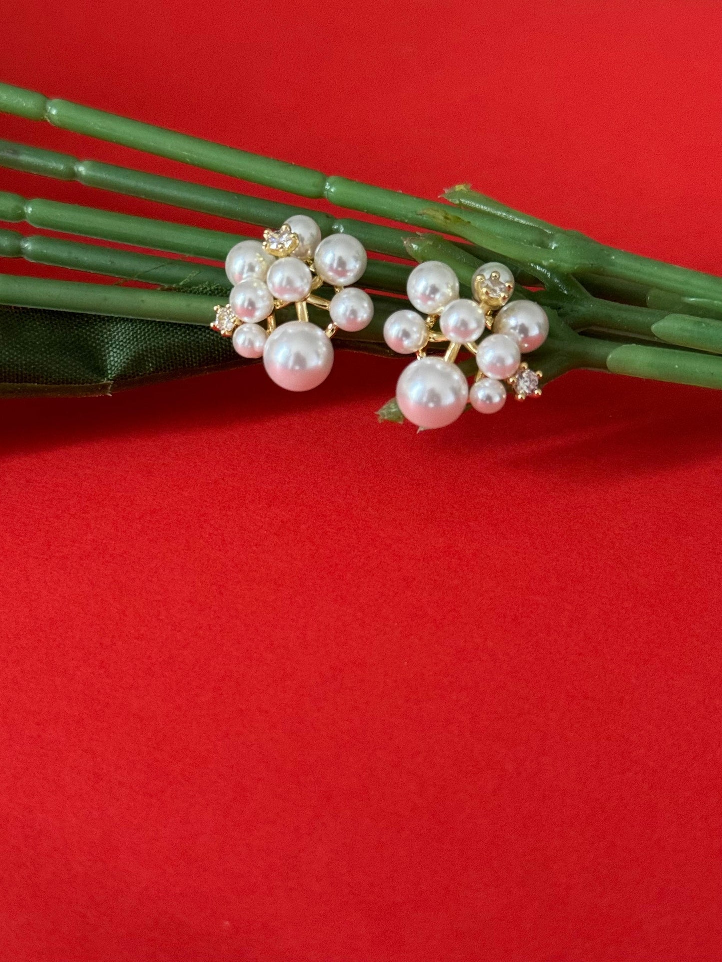 Faux Pearl CZ Cluster Stud Earrings