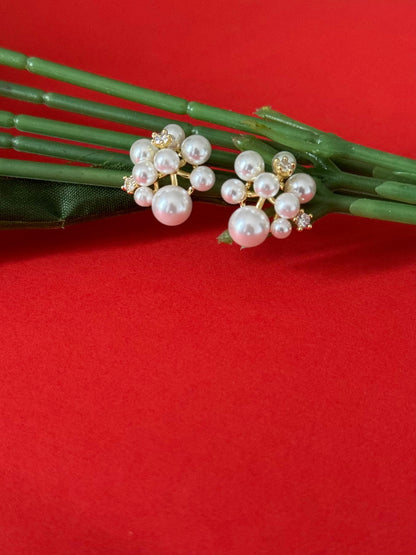 Faux Pearl CZ Cluster Stud Earrings