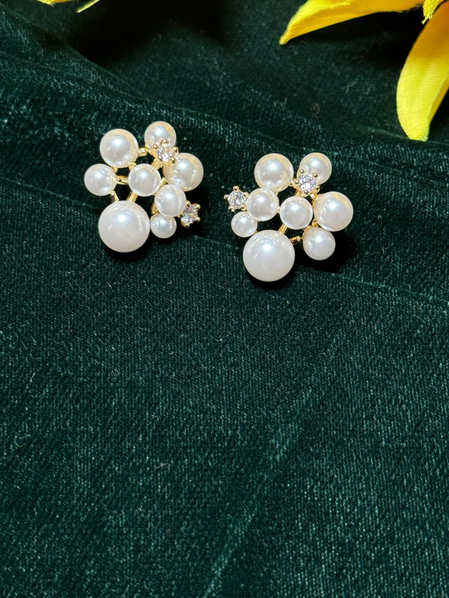 Faux Pearl CZ Cluster Stud Earrings