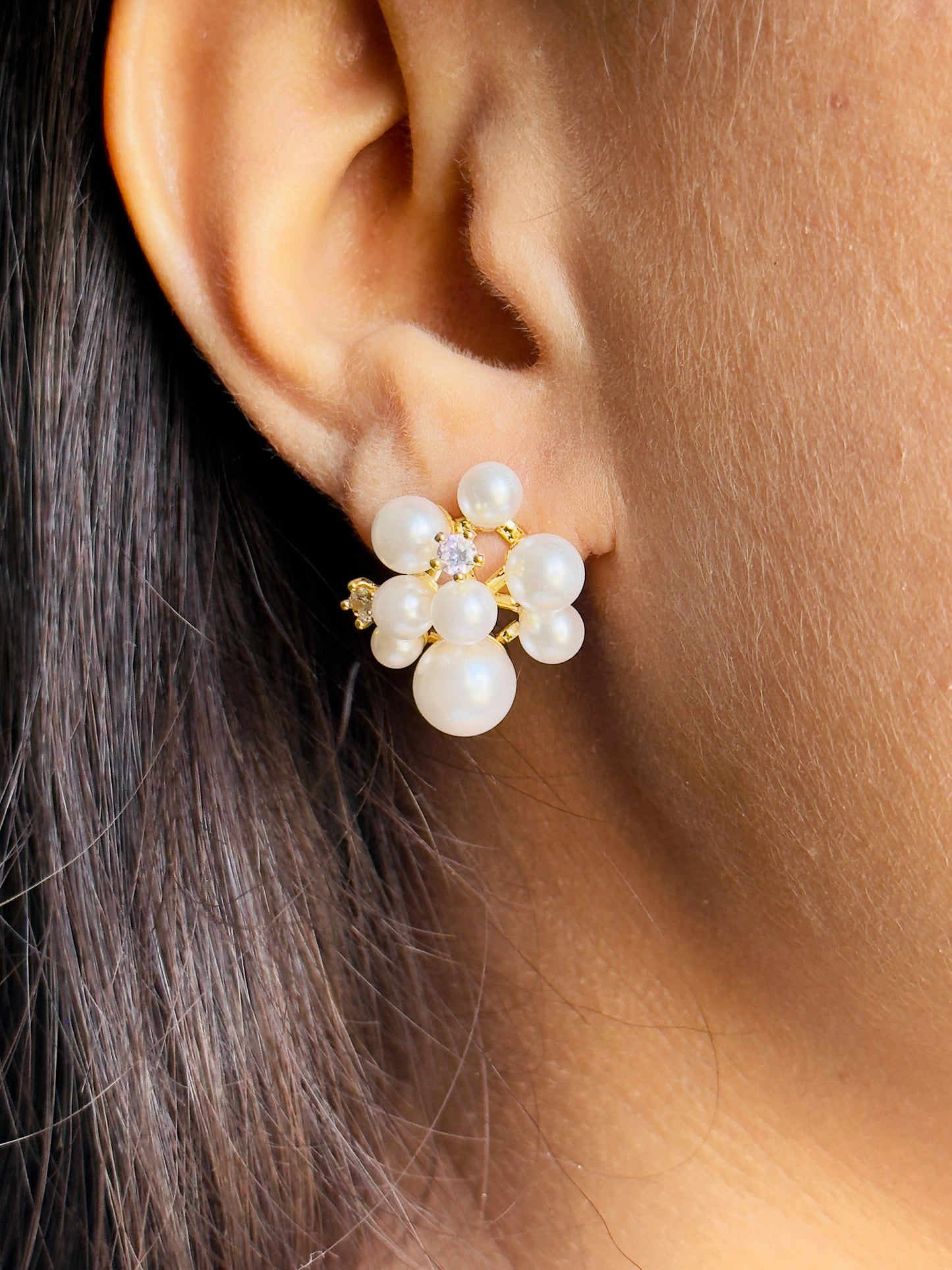 Faux Pearl CZ Cluster Stud Earrings