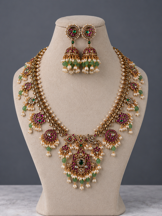 Kavya Emerald Guttapusalu Bridal Long Necklace Set