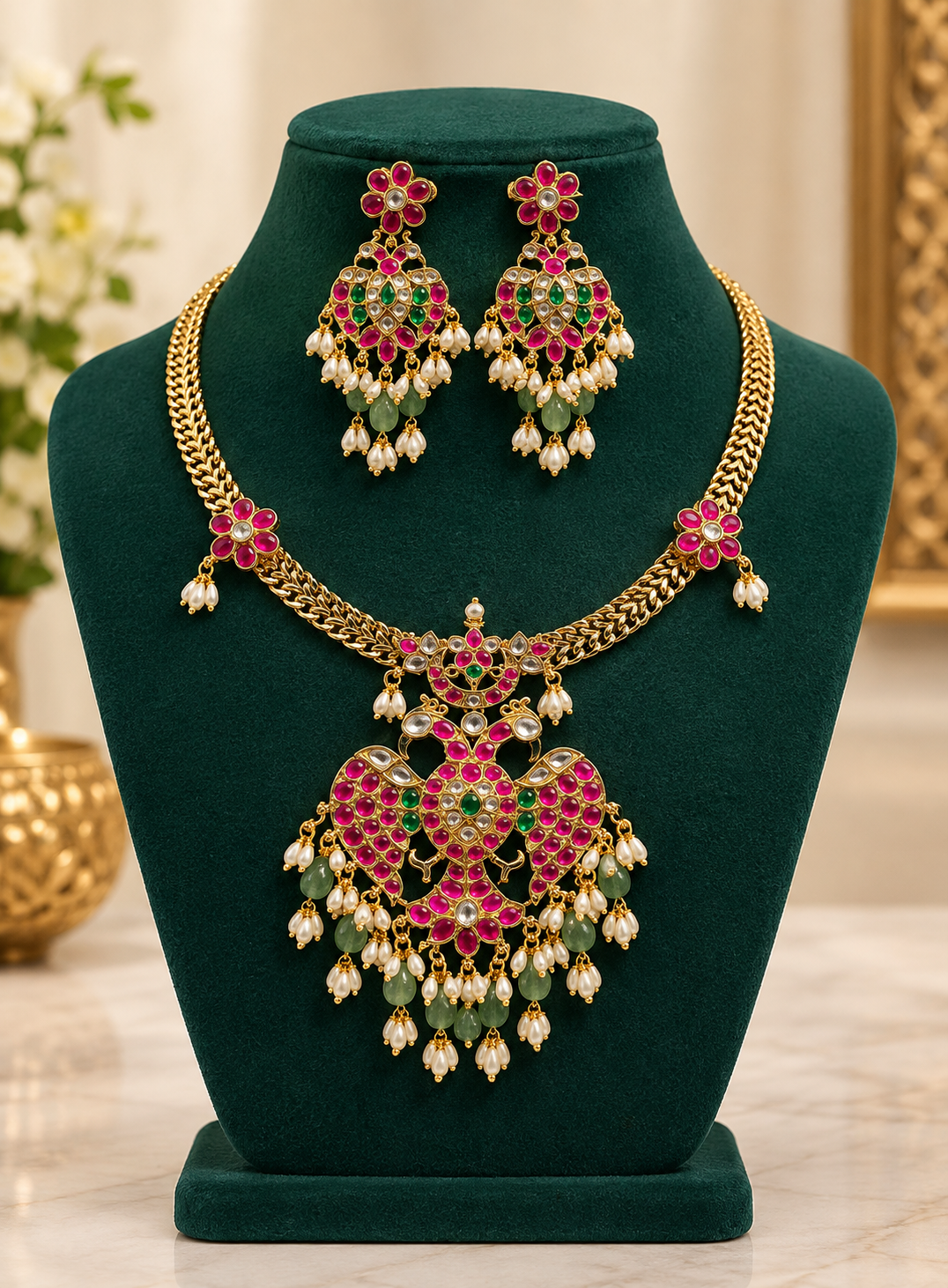 Nandini Peacock Jadua Kundan Necklace Set