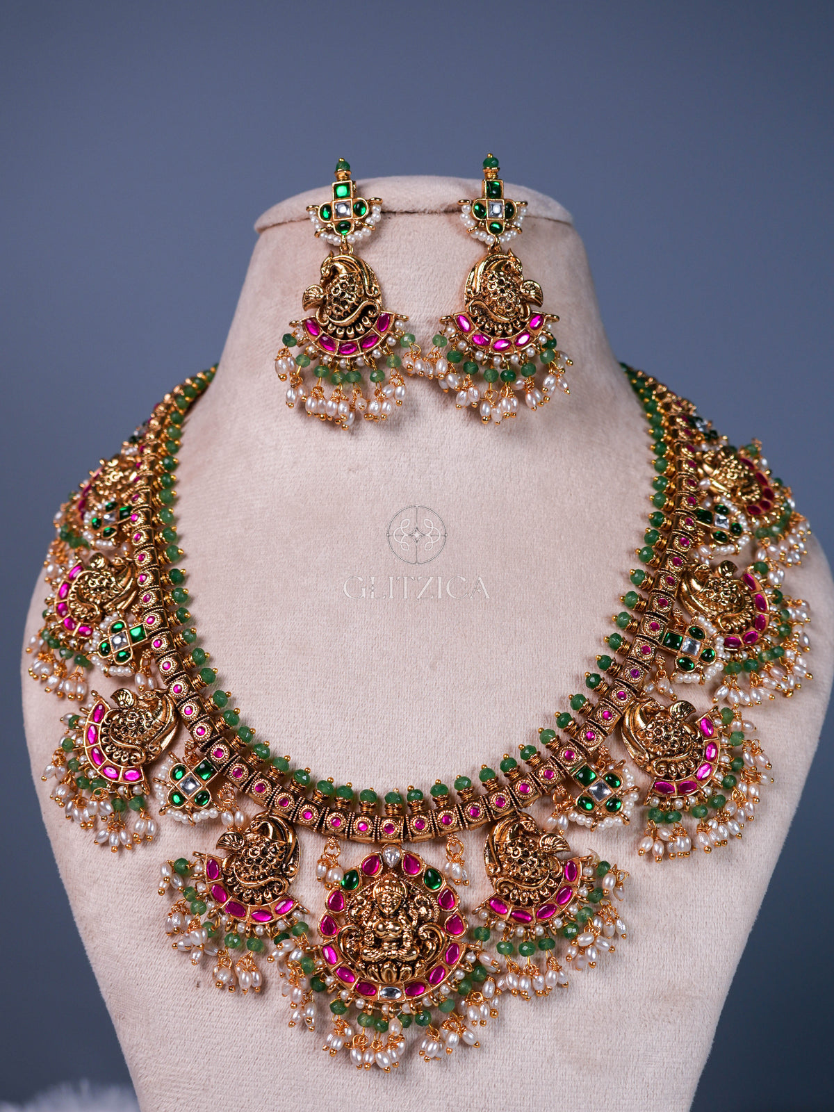 Shreya Temple Long Jadua Kundan Necklace Set