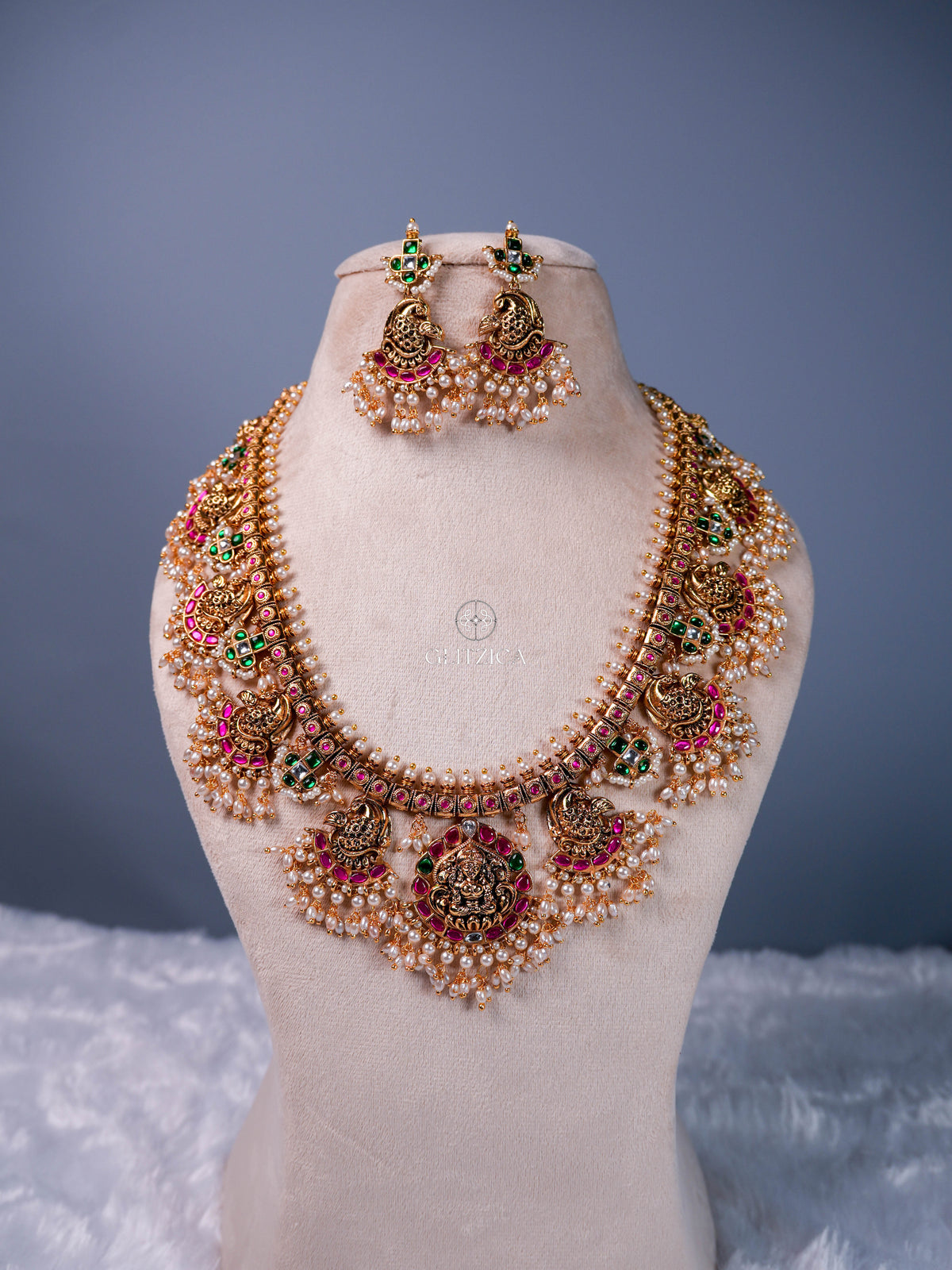 Akshara Temple Long Jadua Kundan Necklace Set