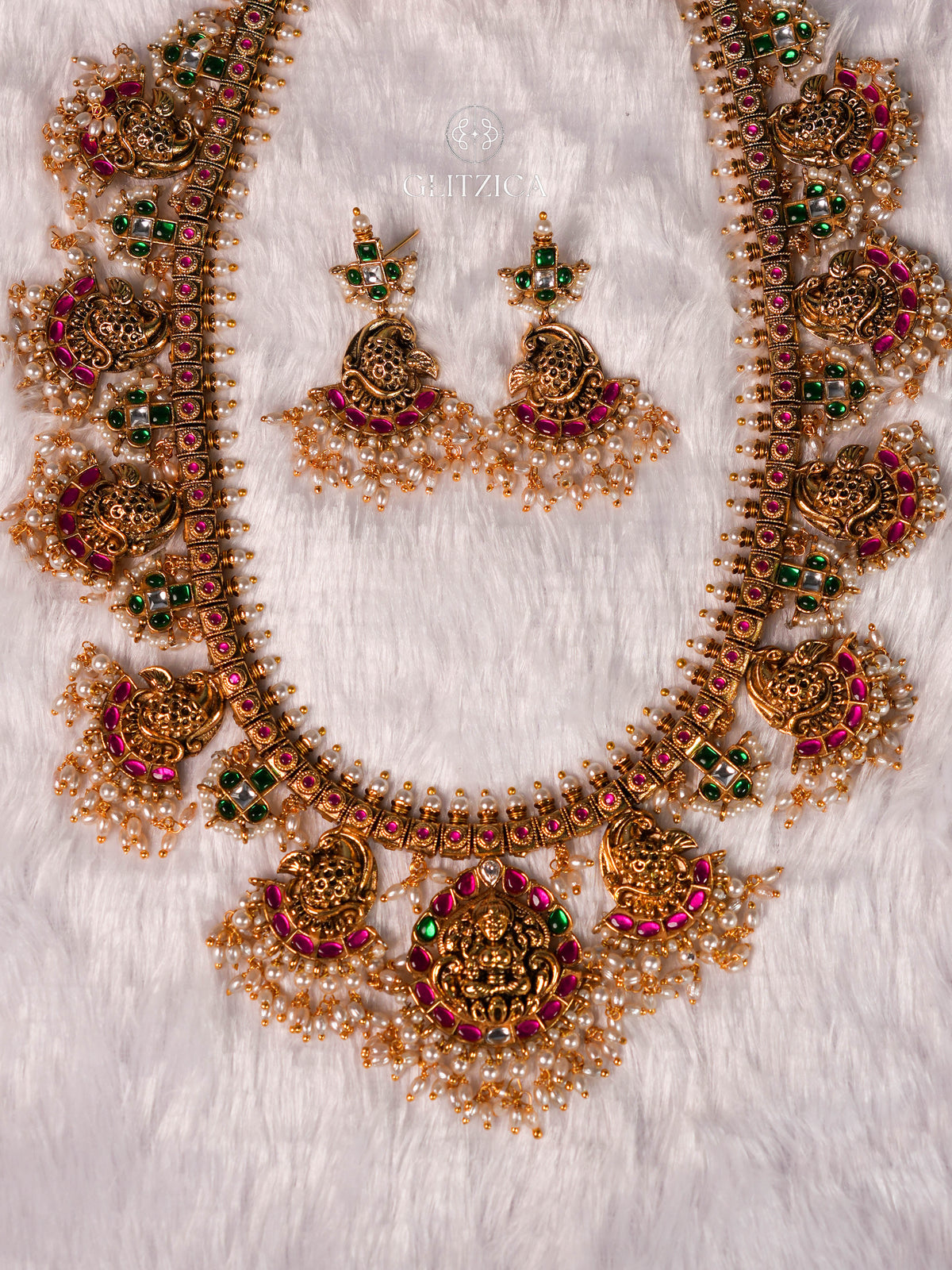 Akshara Temple Long Jadua Kundan Necklace Set